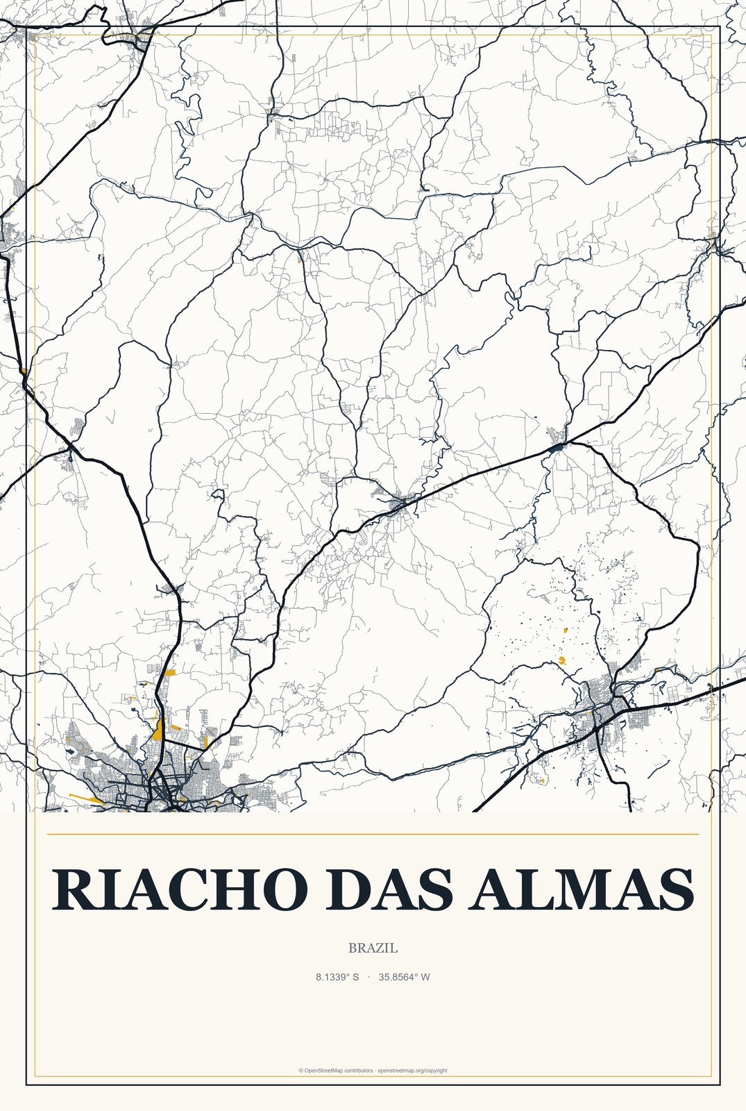 Riacho das Almas, Brazil City Map Aluminum Sign in Citrine Modern style