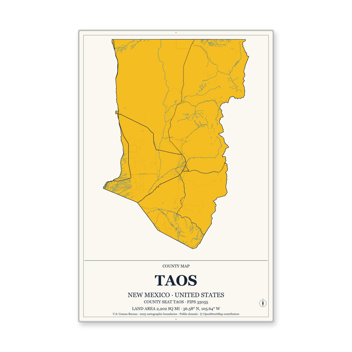 Taos County, New Mexico Map Aluminum Sign in Citrine Modern style