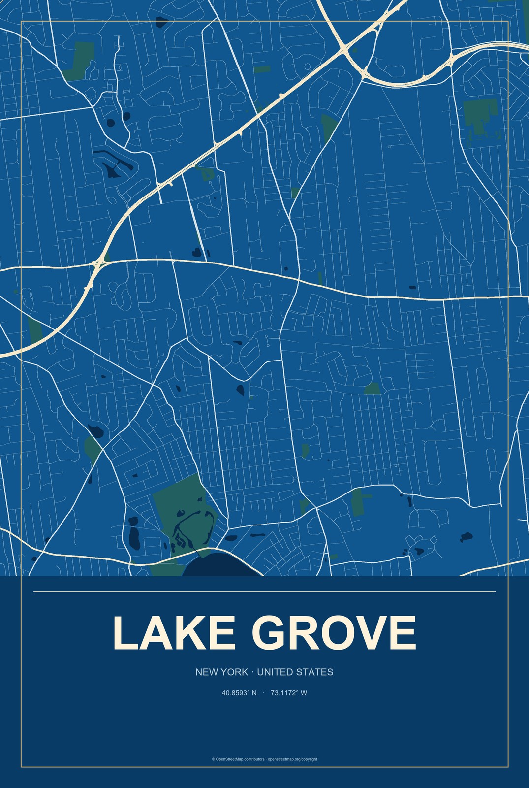 Lake Grove, New York City Map Aluminum Sign in Harbor Cobalt style