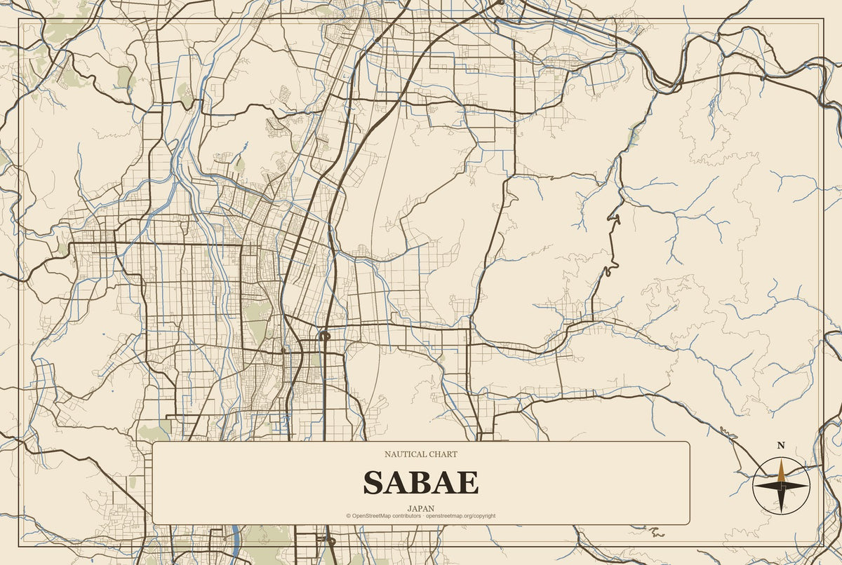 Sabae, Japan City Map Aluminum Sign in Heritage Nautical style