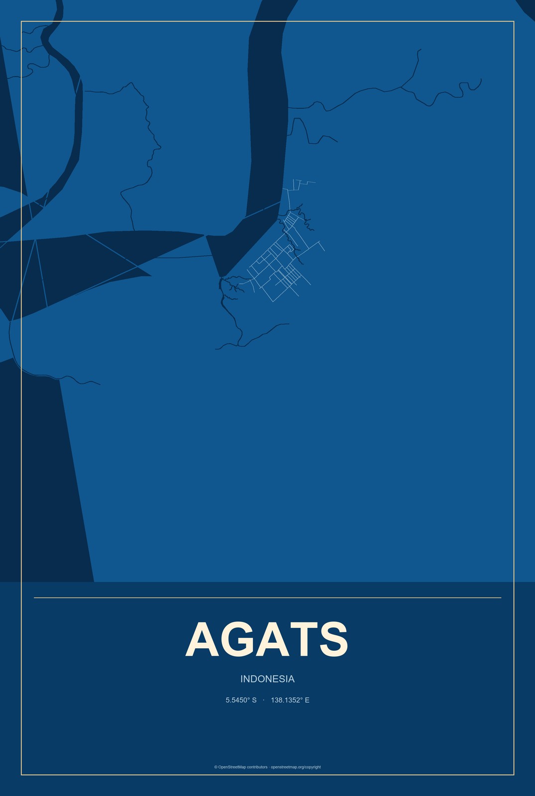 Agats, Indonesia City Map Aluminum Sign in Harbor Cobalt style