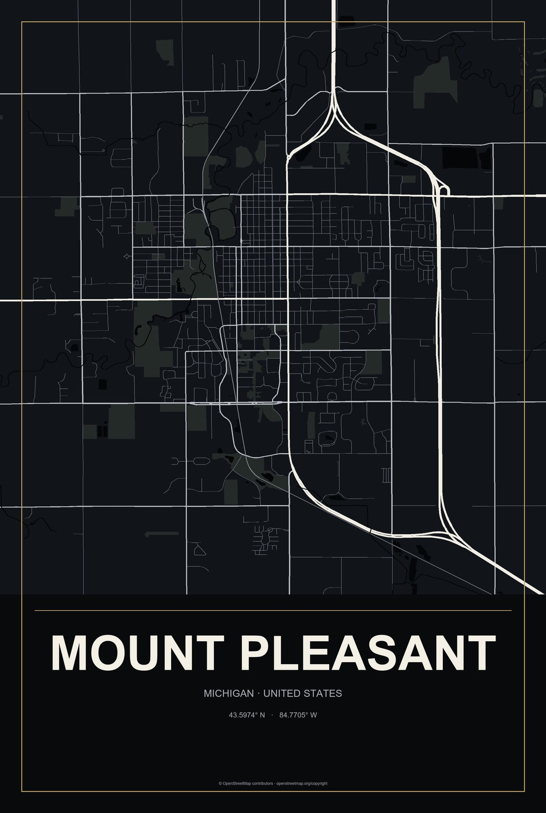 Mount Pleasant, Michigan City Map Aluminum Sign in Metropolitan Noir style