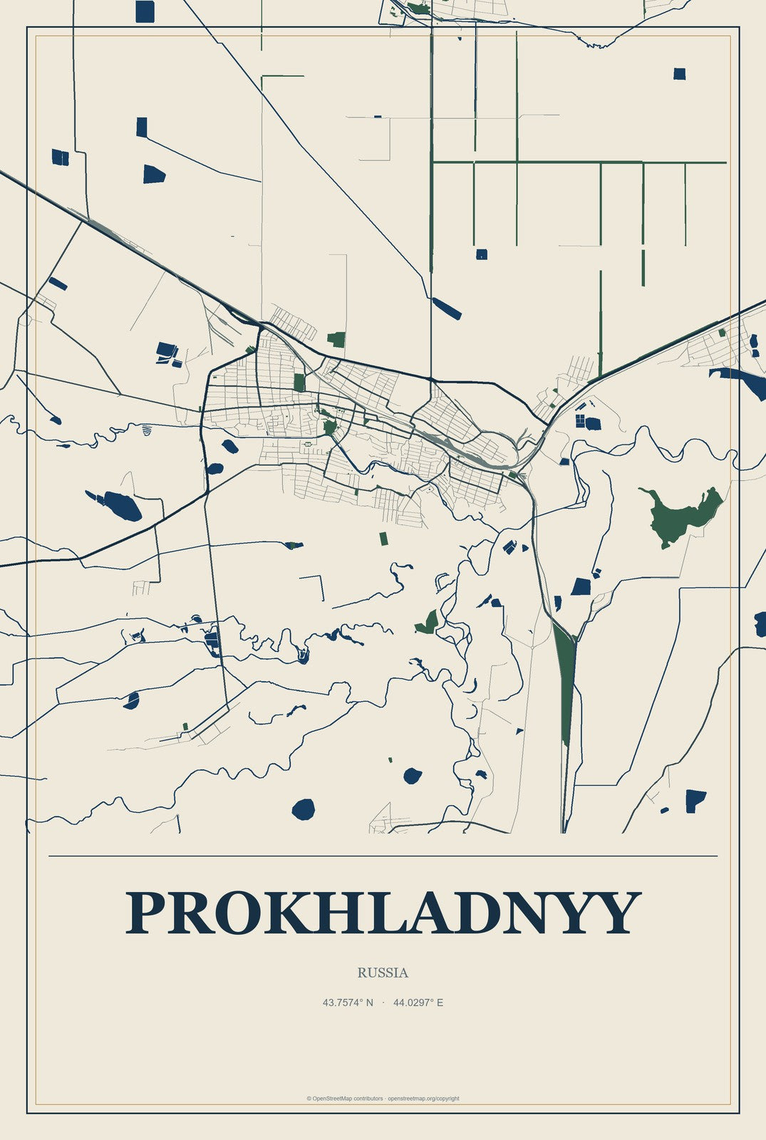 Prokhladnyy, Russia City Map Aluminum Sign in Coastal Cutout style