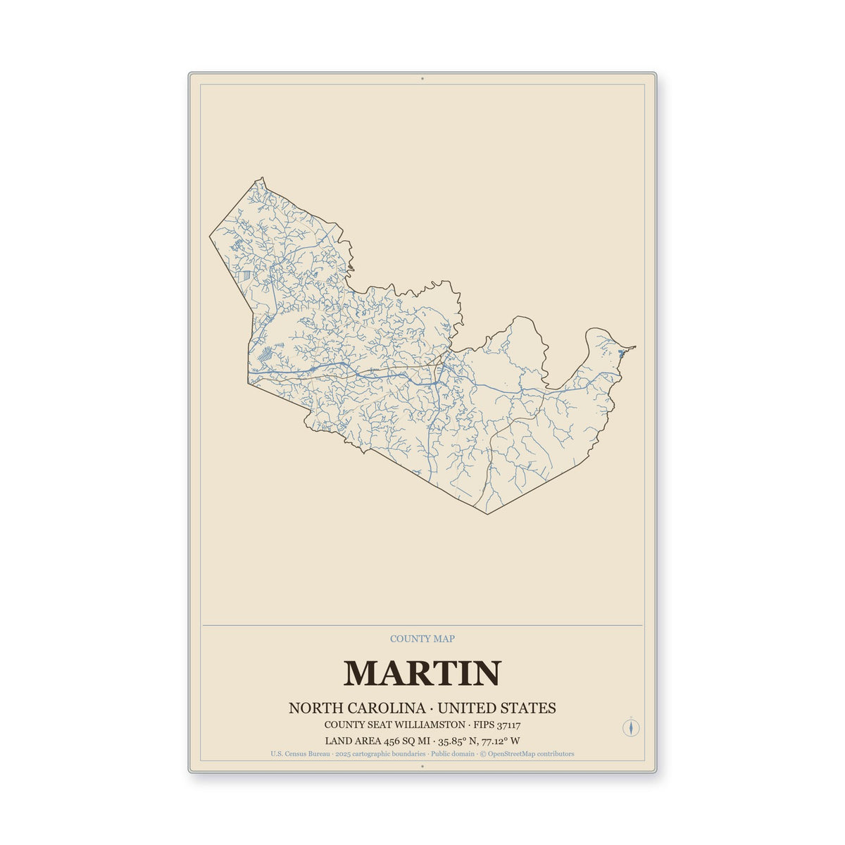 Martin County, North Carolina Map Aluminum Sign in Heritage Nautical style