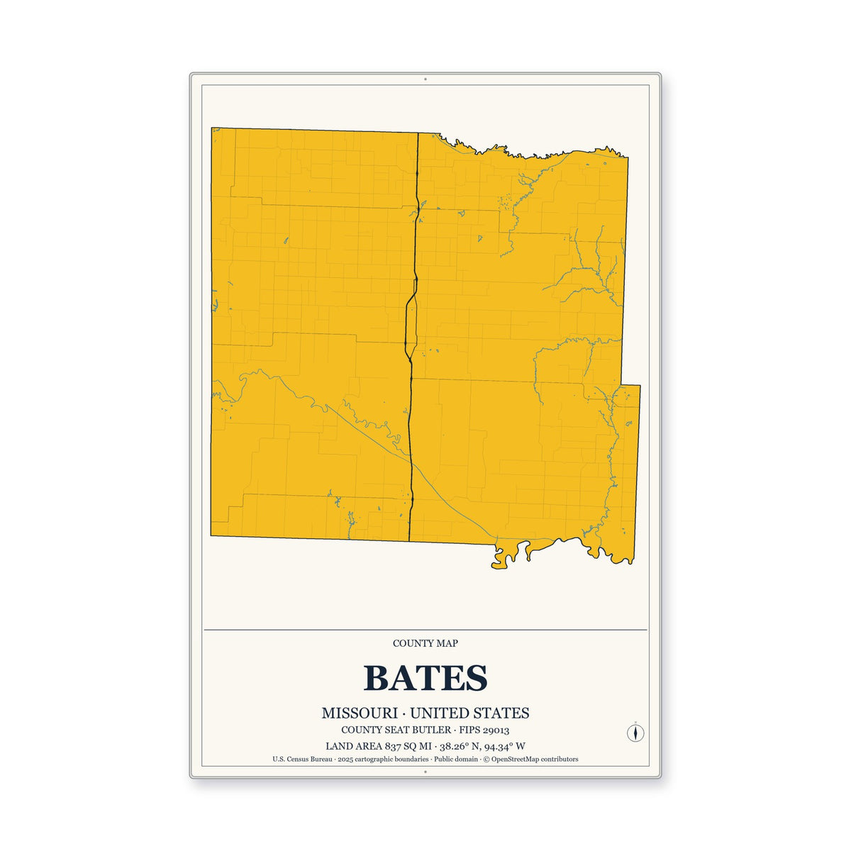 Bates County, Missouri Map Aluminum Sign in Citrine Modern style
