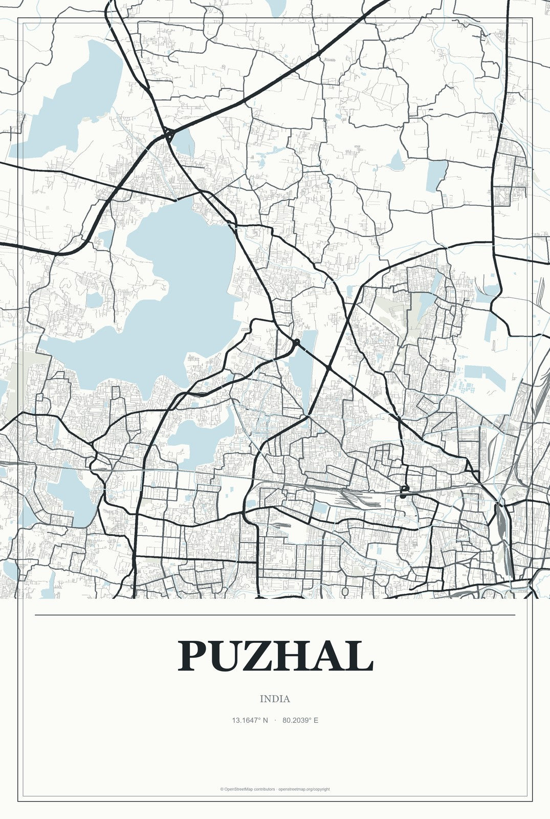 Puzhal, India City Map Aluminum Sign in Gallery Air style
