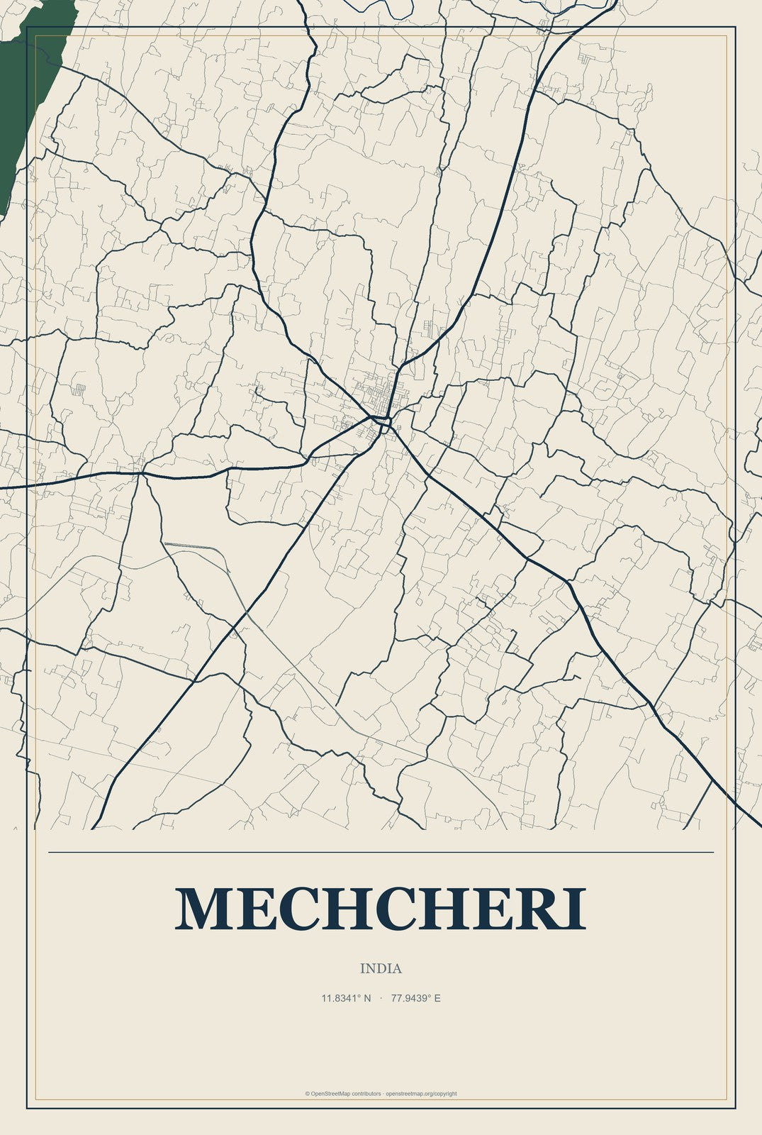 Mechcheri, India City Map Aluminum Sign in Coastal Cutout style