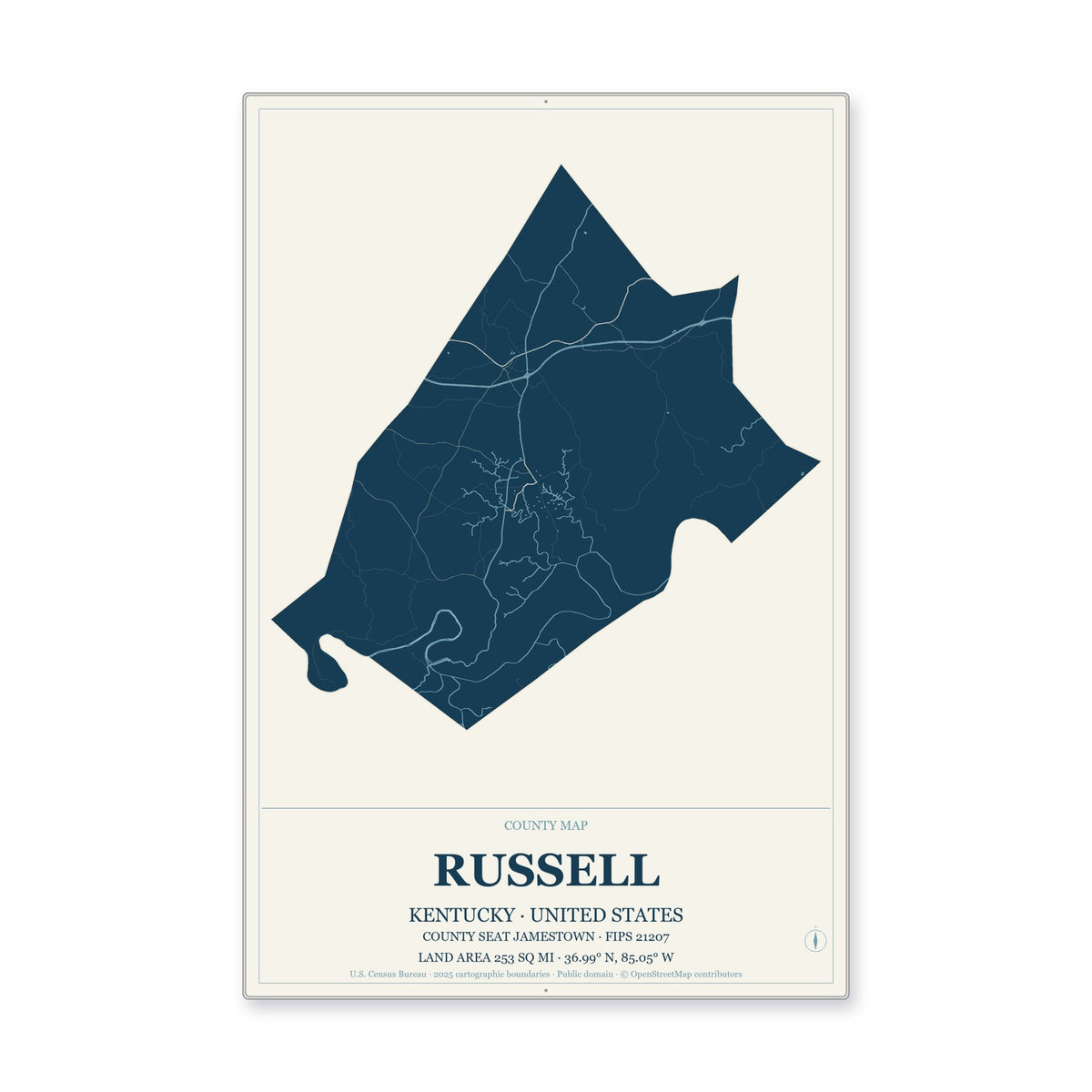 Russell County, Kentucky Map Aluminum Sign in Coastal Cutout style