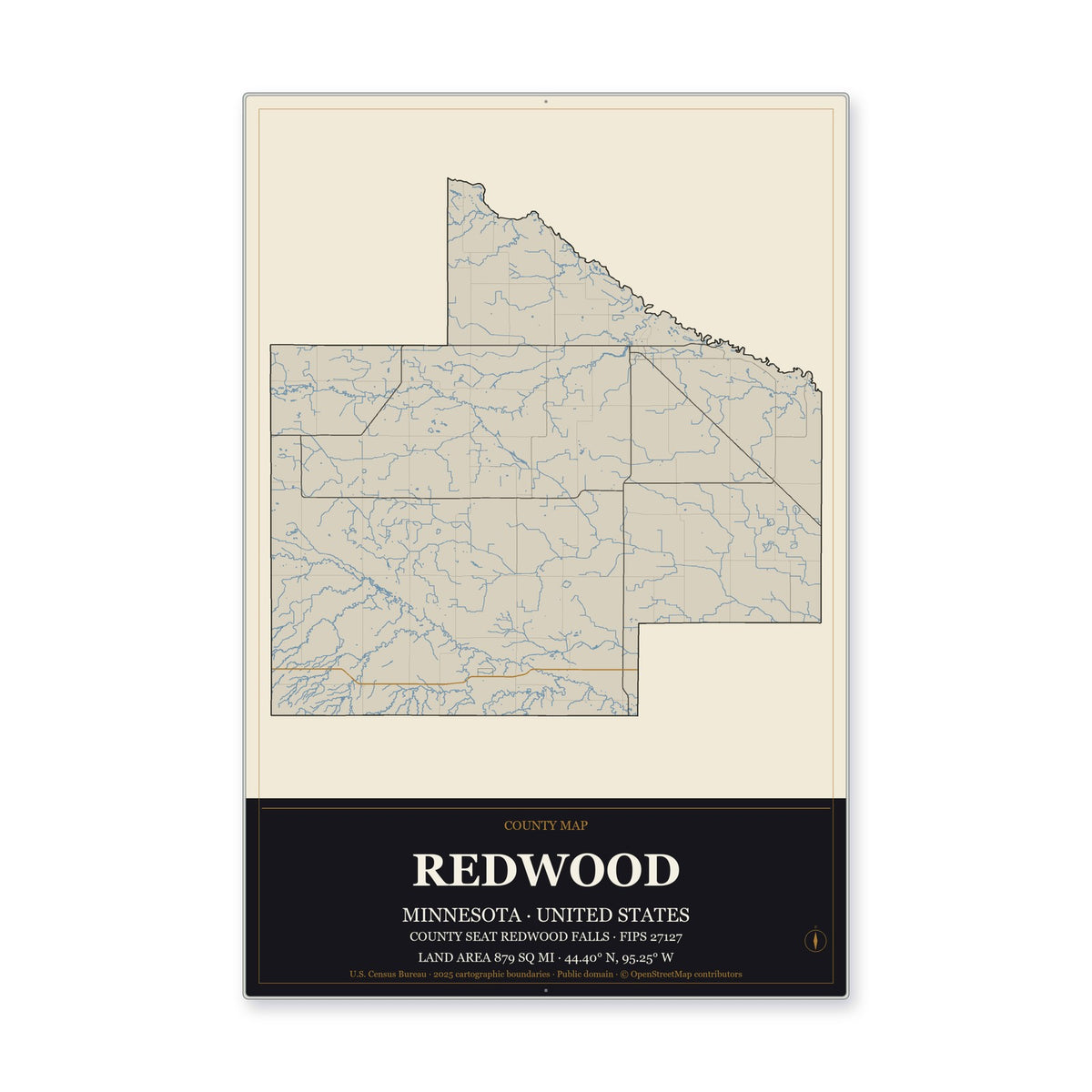 Redwood County, Minnesota Map Aluminum Sign in Museum Plaque style