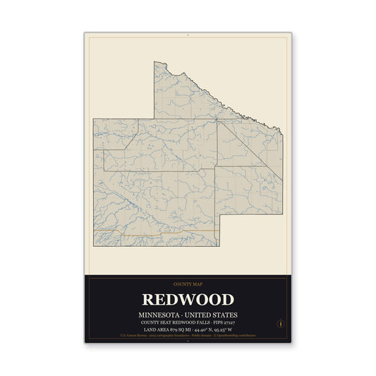 Redwood County, Minnesota Map Aluminum Sign in Museum Plaque style