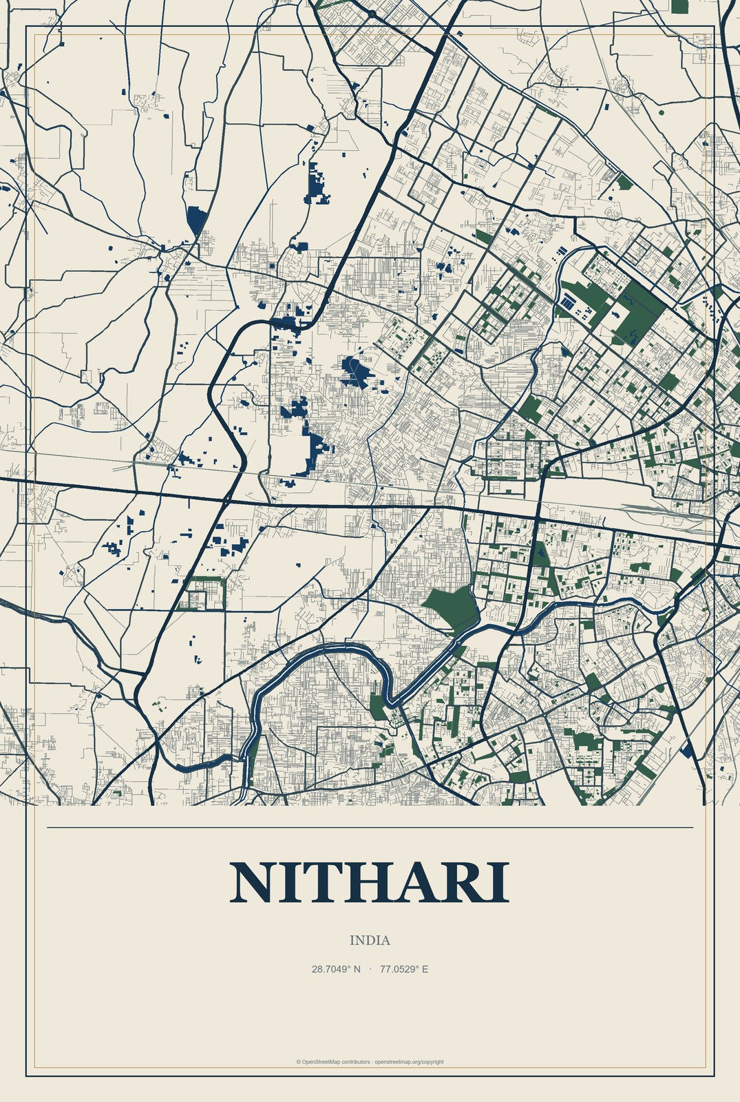 Nithari, India City Map Aluminum Sign in Coastal Cutout style