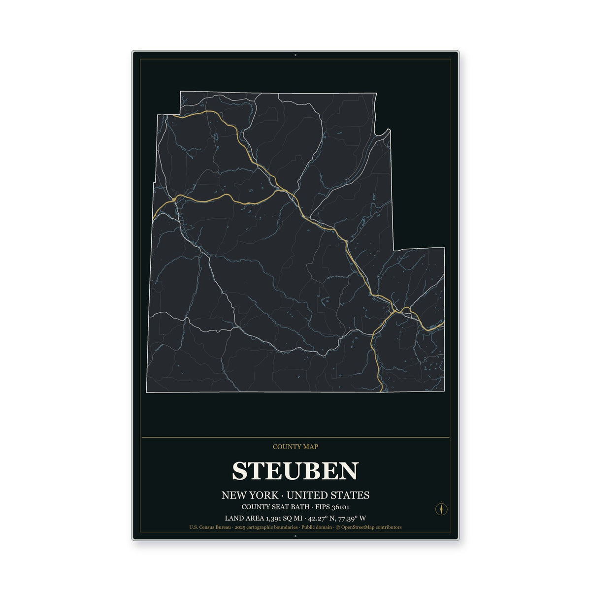 Steuben County, New York Map Aluminum Sign in Metropolitan Noir style