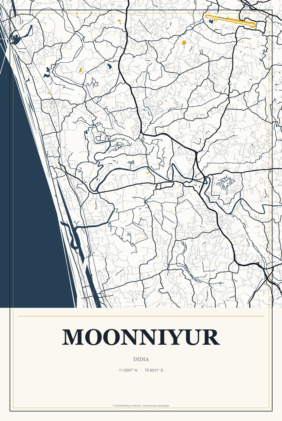 Moonniyur, India City Map Aluminum Sign in Citrine Modern style