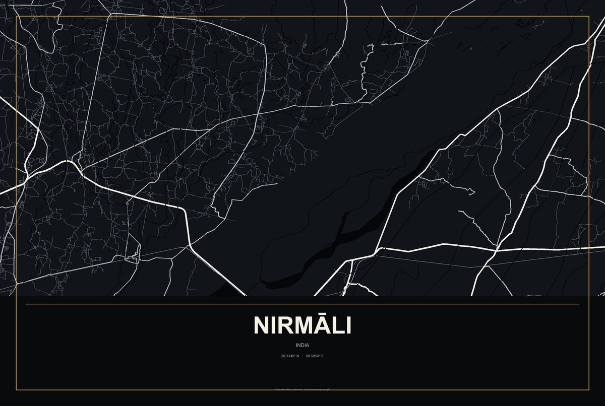 Nirmāli, India City Map Aluminum Sign in Metropolitan Noir style