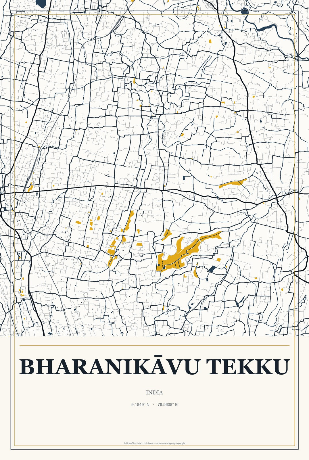 Bharanikāvu Tekku, India City Map Aluminum Sign in Citrine Modern style