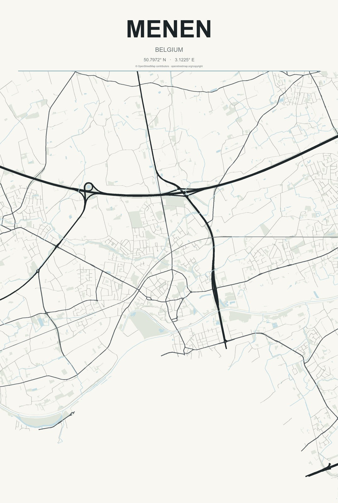 Menen, Belgium City Map Aluminum Sign in Headline Atlas style