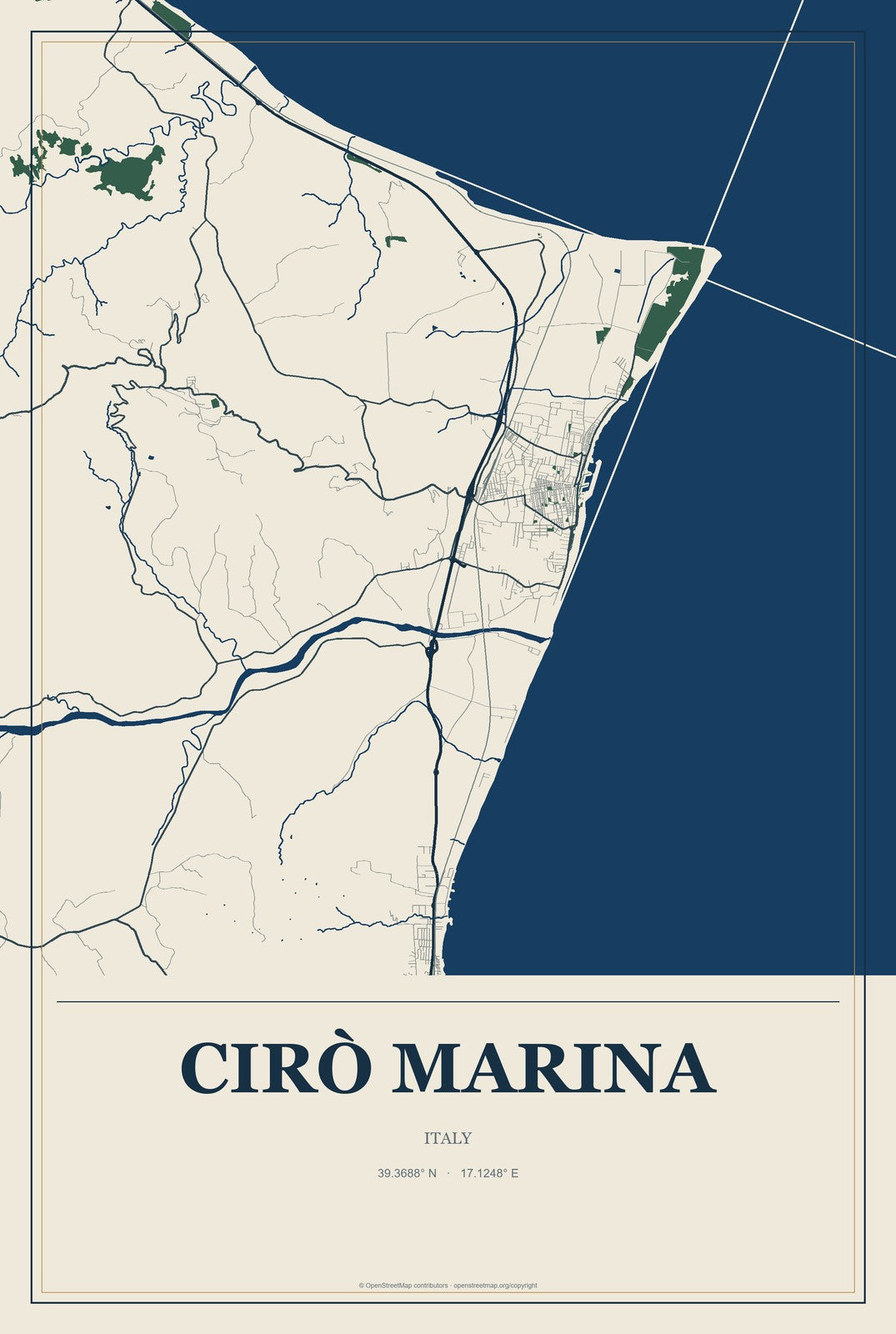 Cirò Marina, Italy City Map Aluminum Sign in Coastal Cutout style