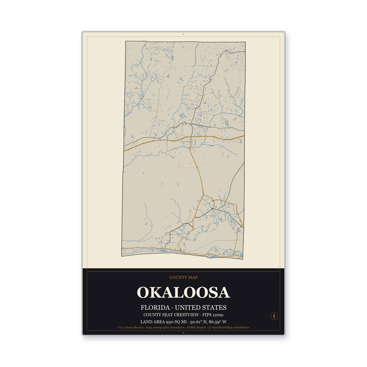 Okaloosa County, Florida Map Aluminum Sign in Museum Plaque style