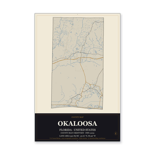Okaloosa County, Florida Map Aluminum Sign in Museum Plaque style