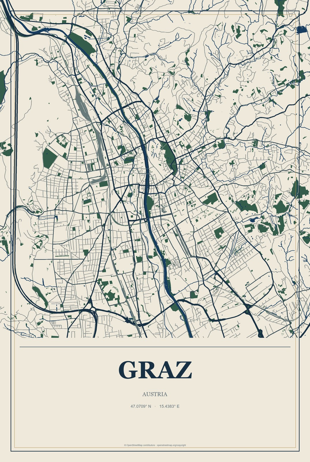 Graz, Austria City Map Aluminum Sign in Coastal Cutout style