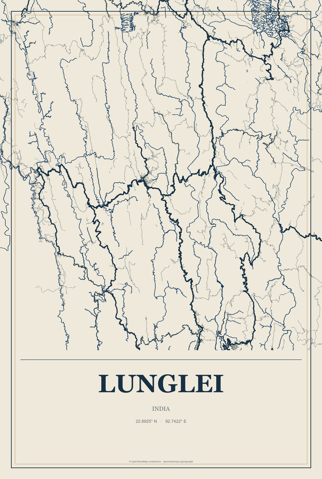 Lunglei, India City Map Aluminum Sign in Coastal Cutout style