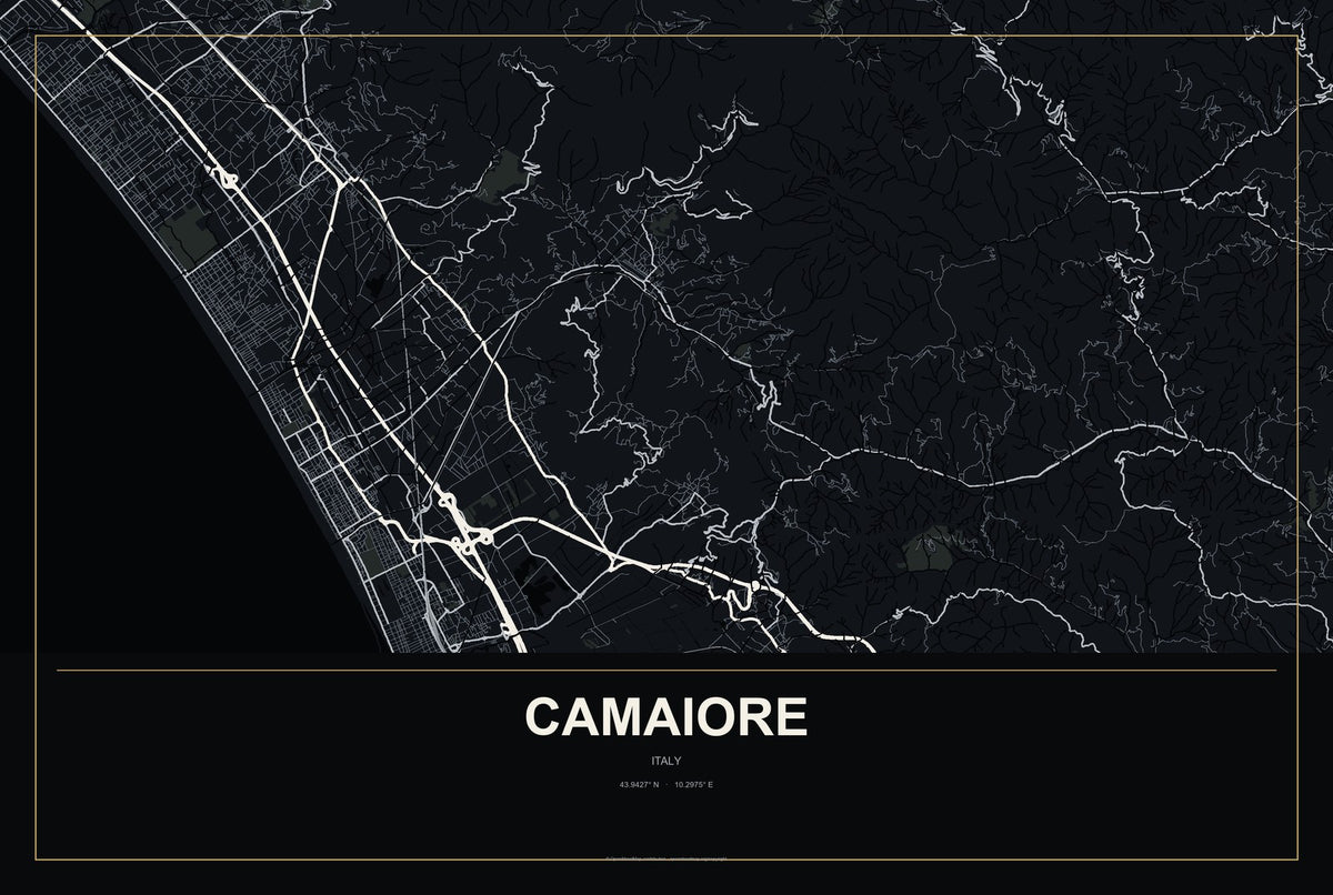 Camaiore, Italy City Map Aluminum Sign in Metropolitan Noir style
