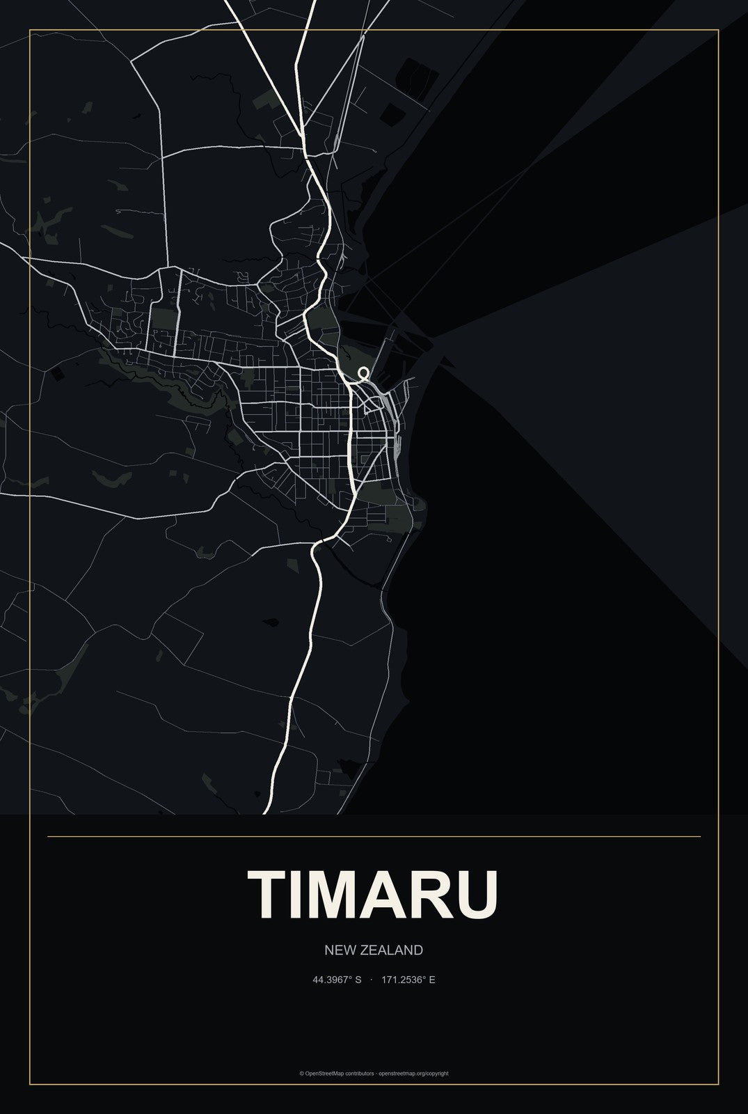 Timaru, New Zealand City Map Aluminum Sign in Metropolitan Noir style