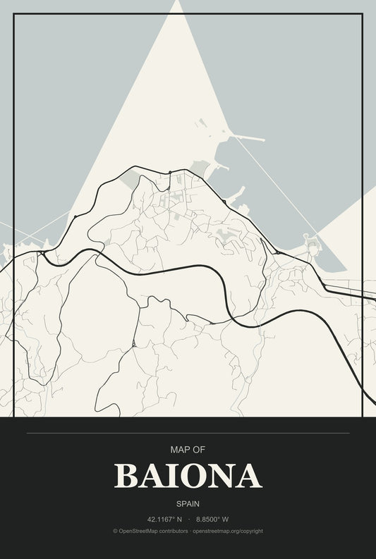 Baiona, Spain City Map Aluminum Sign in Museum Plaque style