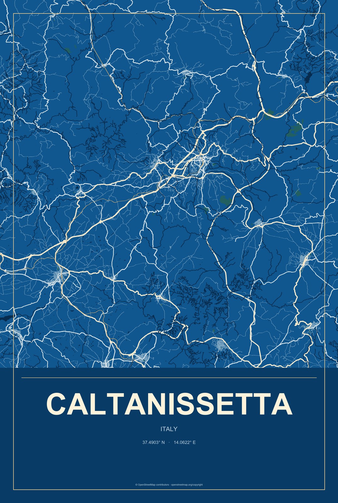 Caltanissetta, Italy City Map Aluminum Sign in Harbor Cobalt style