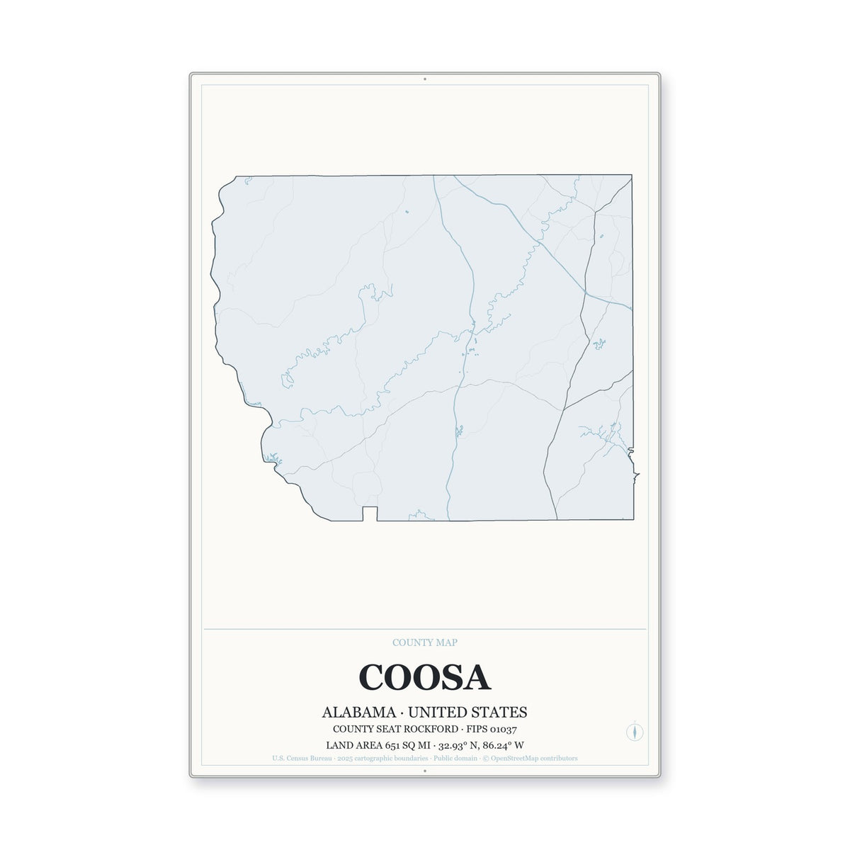 Coosa County, Alabama Map Aluminum Sign in Gallery Air style