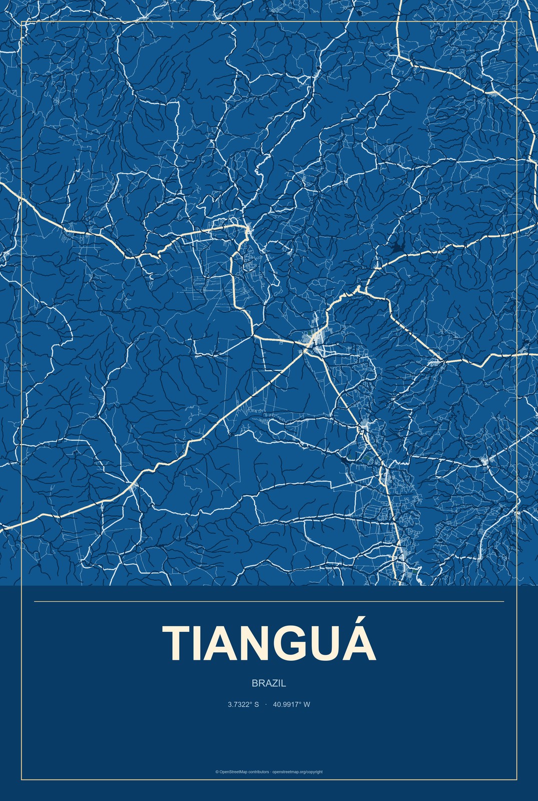 Tianguá, Brazil City Map Aluminum Sign in Harbor Cobalt style