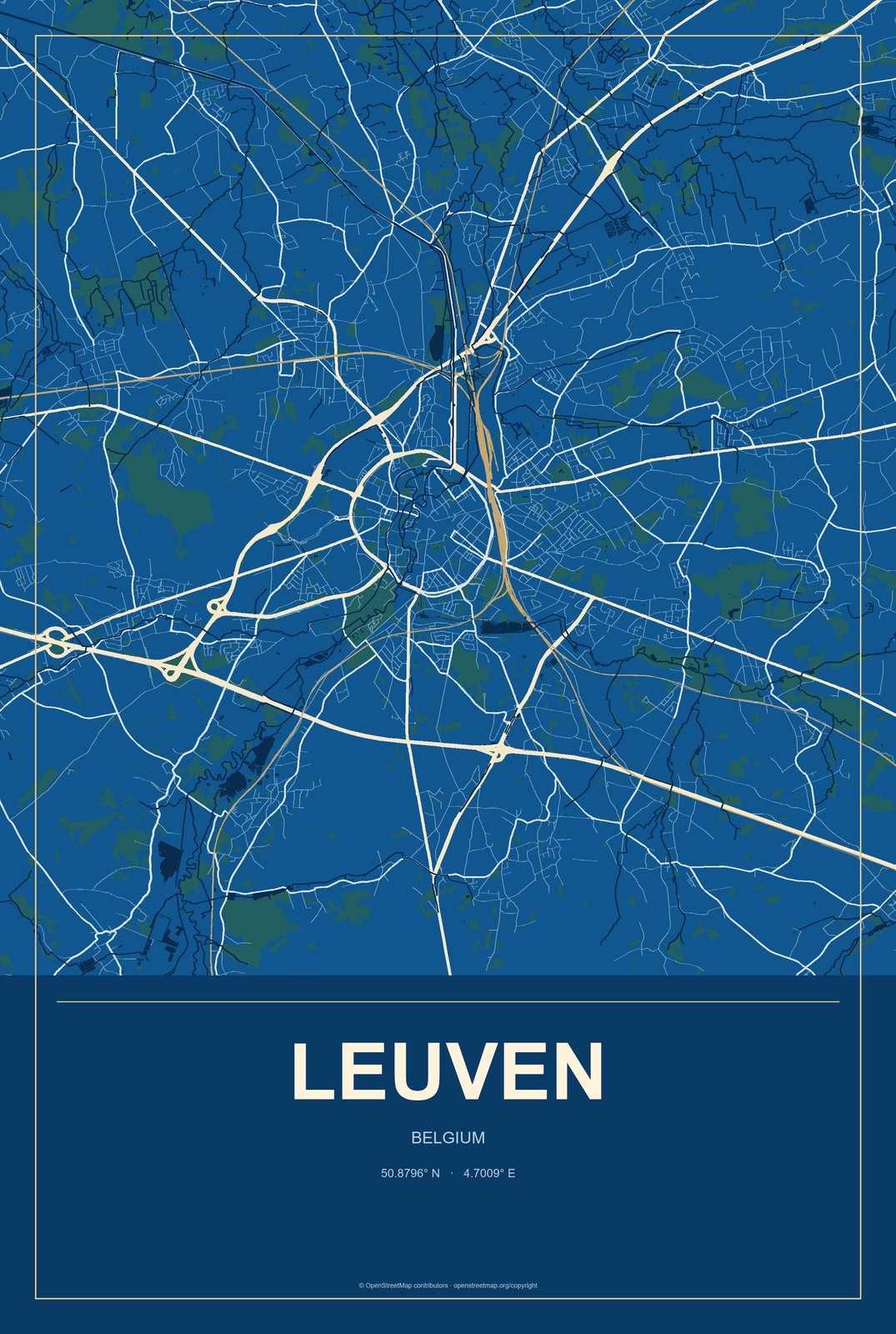 Leuven, Belgium City Map Aluminum Sign in Harbor Cobalt style