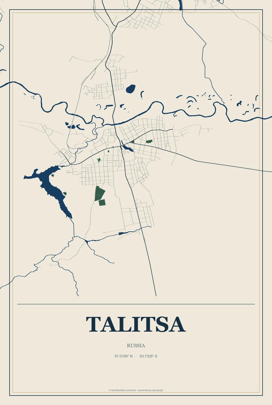 Talitsa, Russia City Map Aluminum Sign in Coastal Cutout style