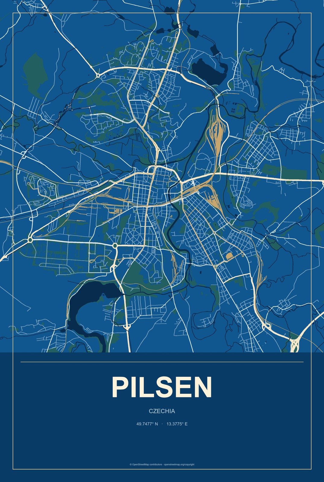 Pilsen, Czechia City Map Aluminum Sign in Harbor Cobalt style