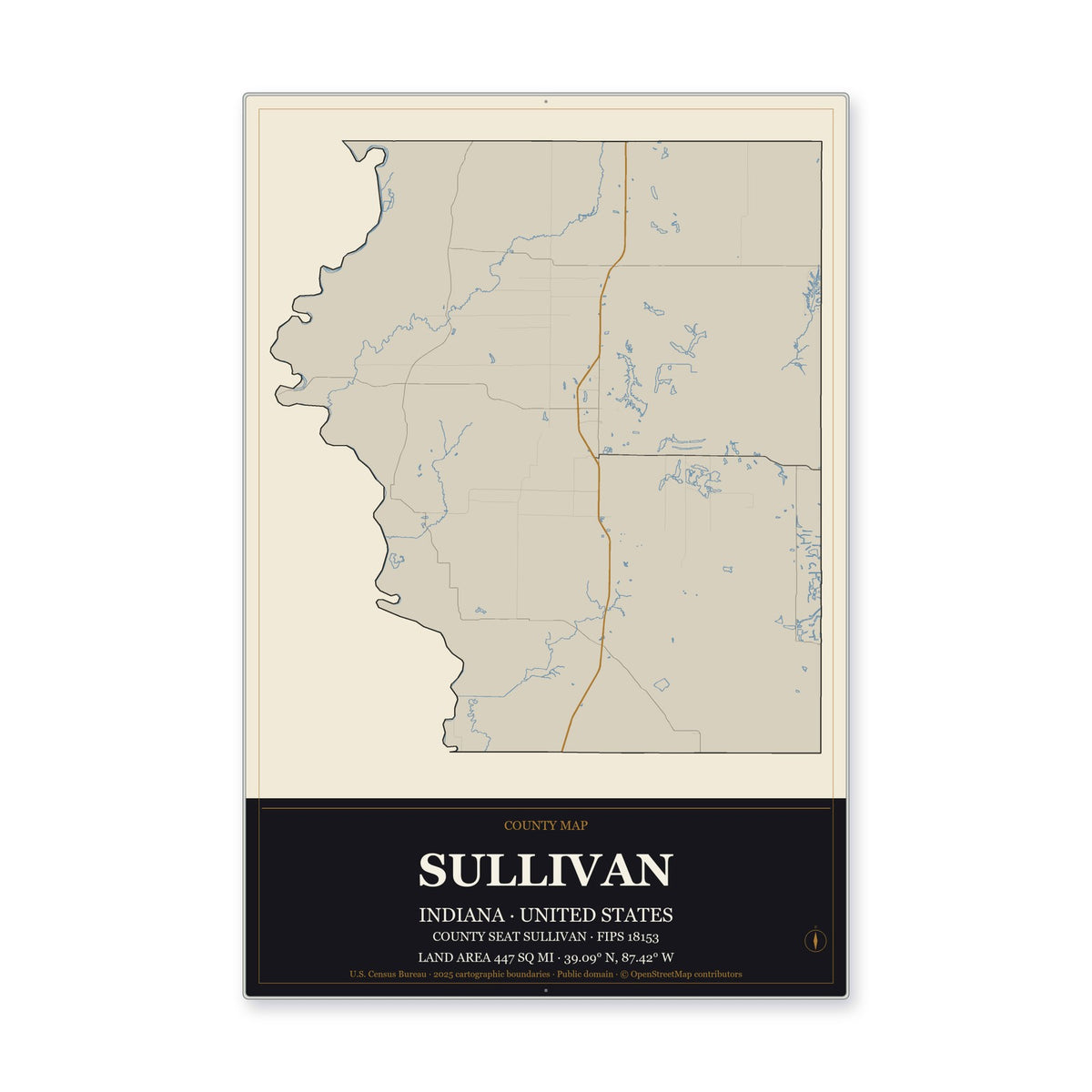 Sullivan County, Indiana Map Aluminum Sign in Museum Plaque style