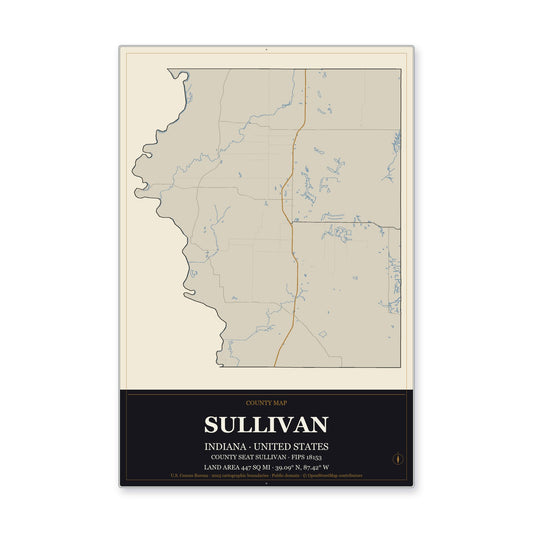 Sullivan County, Indiana Map Aluminum Sign in Museum Plaque style