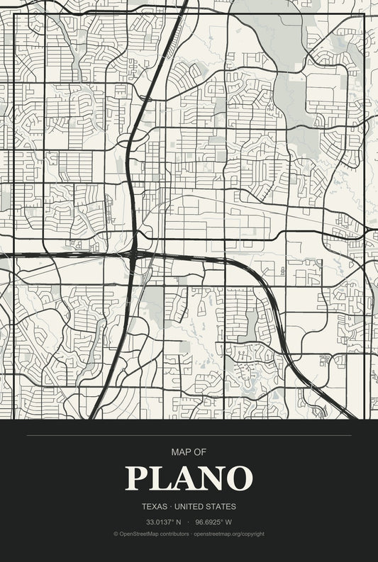 Plano, Texas City Map Aluminum Sign in Museum Plaque style