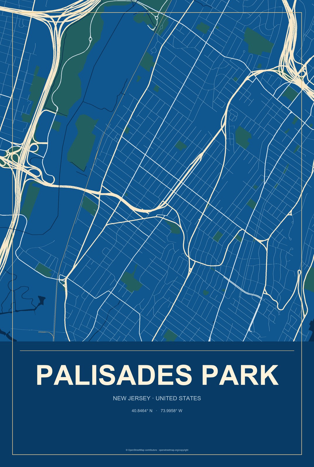 Palisades Park, New Jersey City Map Aluminum Sign in Harbor Cobalt style