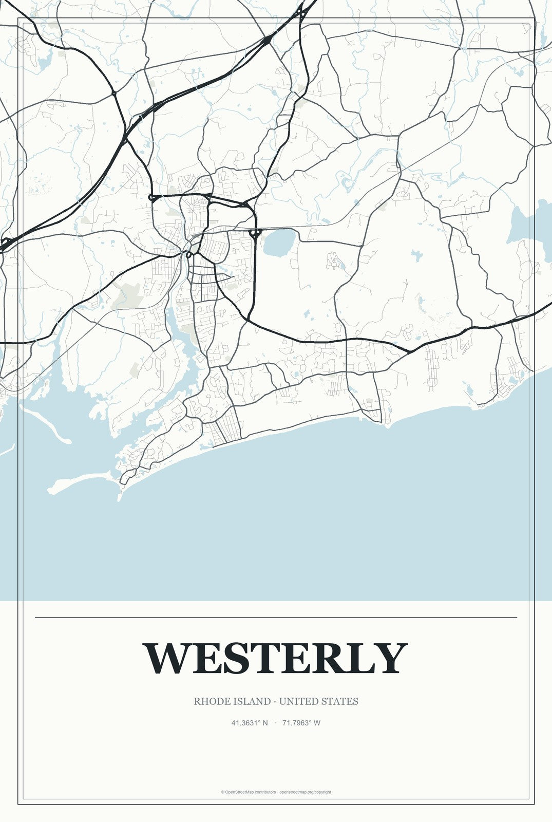 Westerly, Rhode Island City Map Aluminum Sign in Gallery Air style