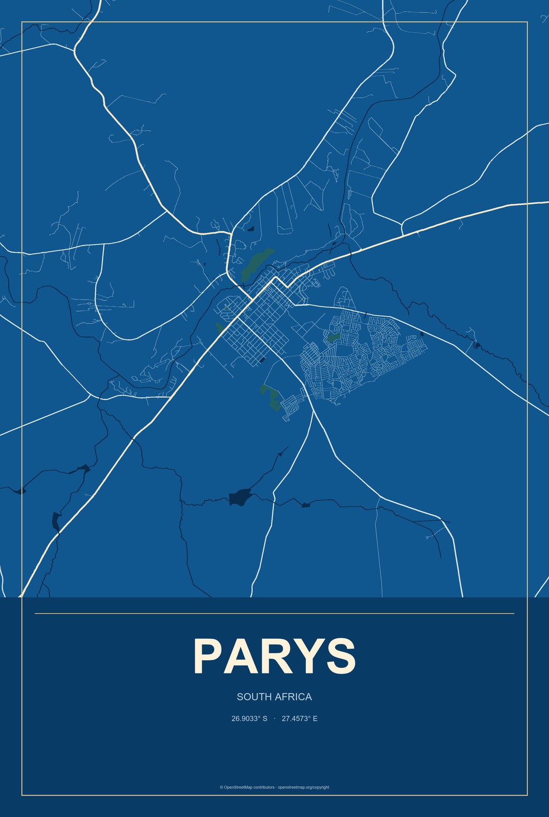 Parys, South Africa City Map Aluminum Sign in Harbor Cobalt style