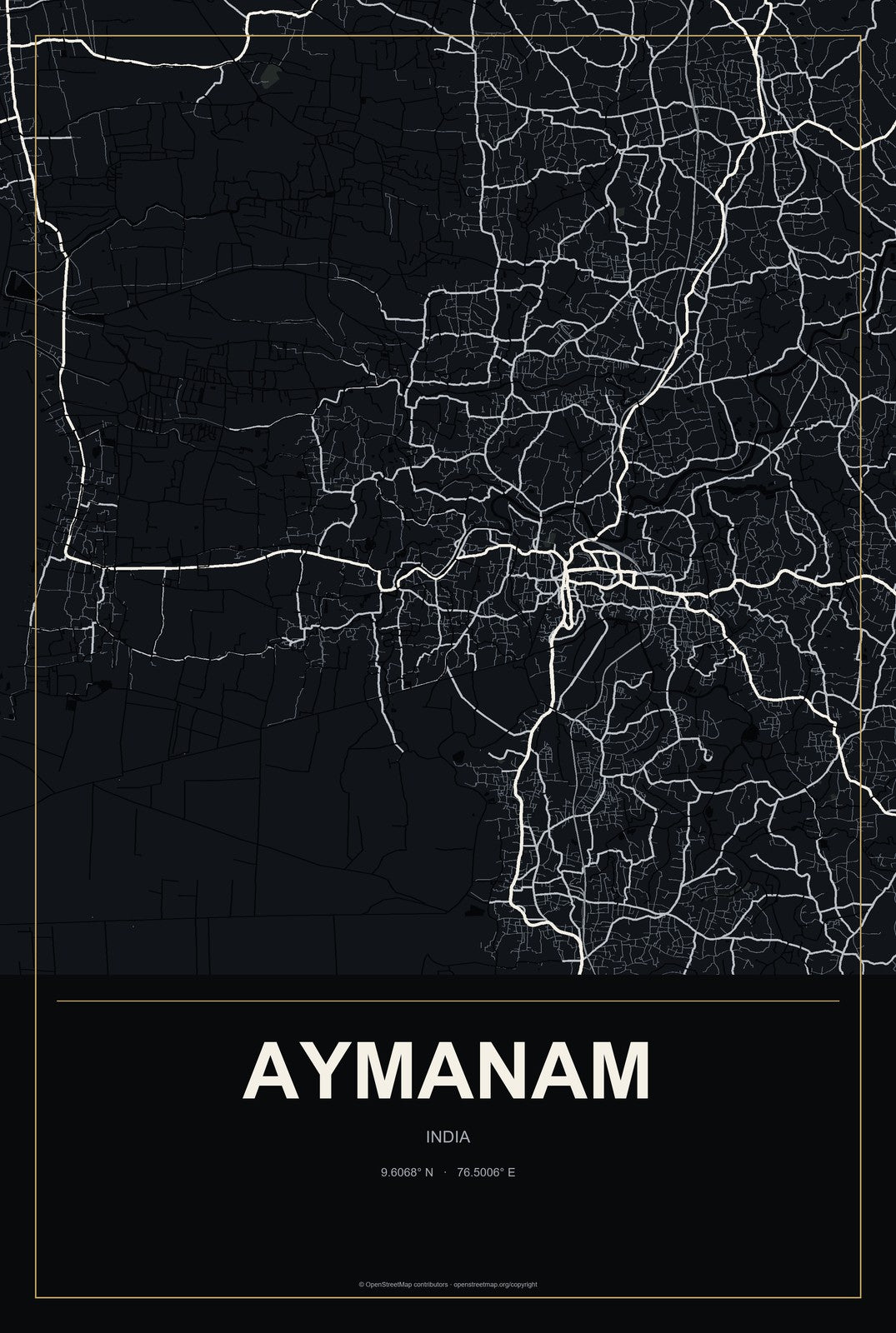 Aymanam, India City Map Aluminum Sign in Metropolitan Noir style