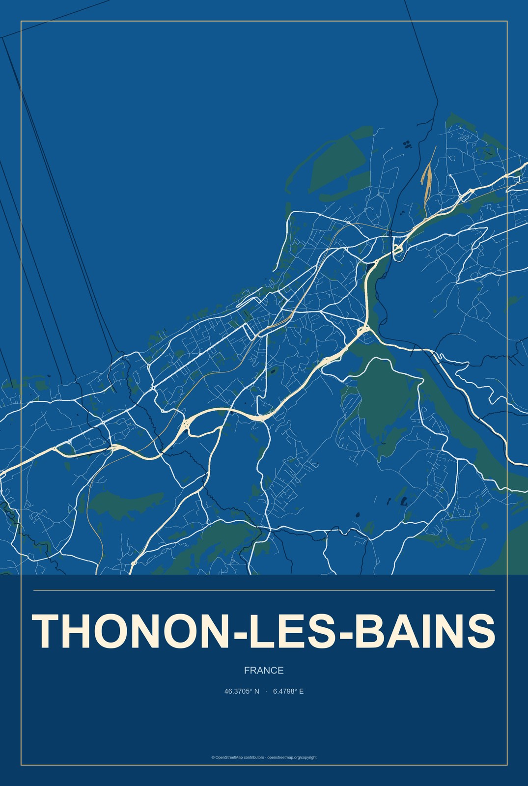 Thonon-les-Bains, France City Map Aluminum Sign in Harbor Cobalt style