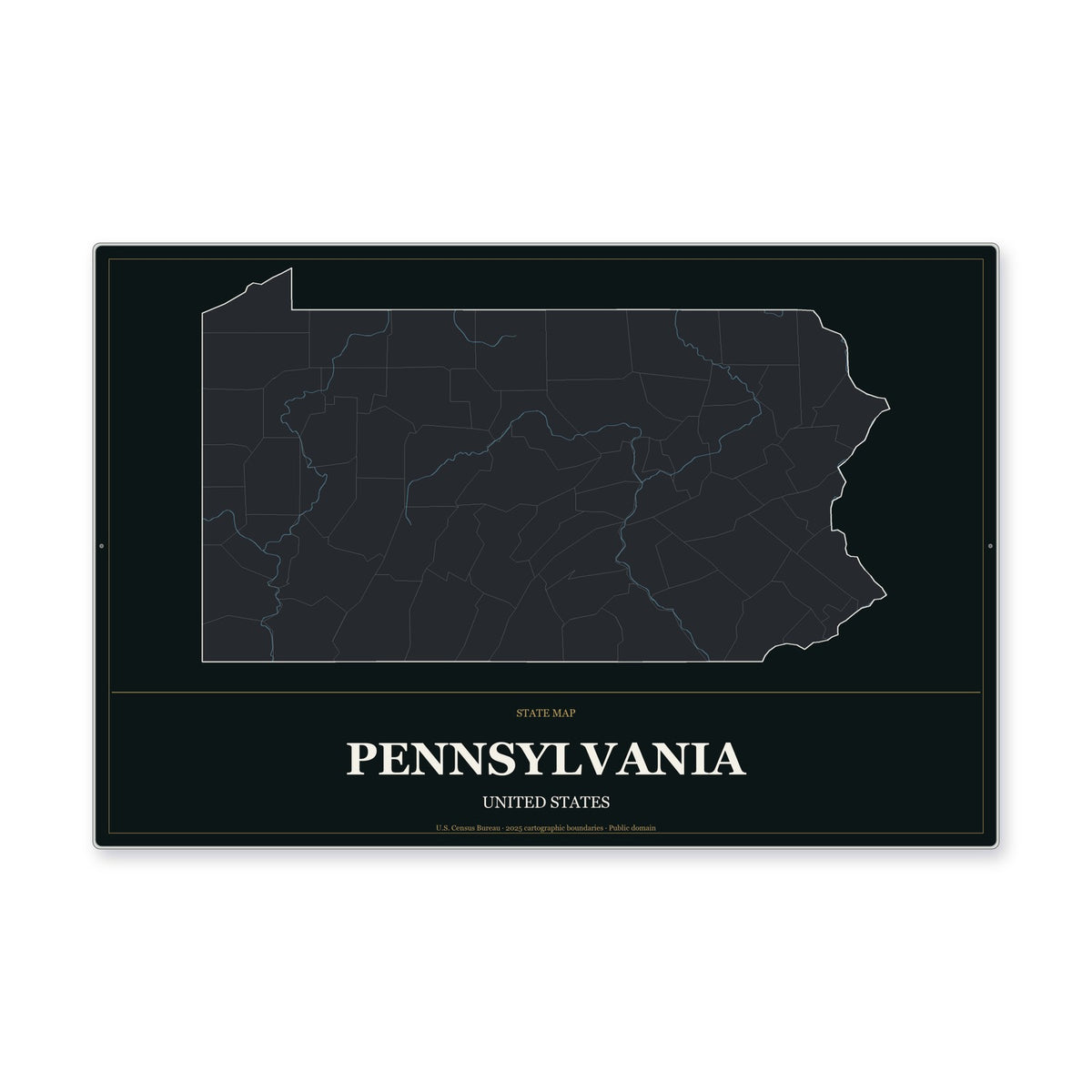 Pennsylvania state map aluminum sign in Metropolitan Noir style