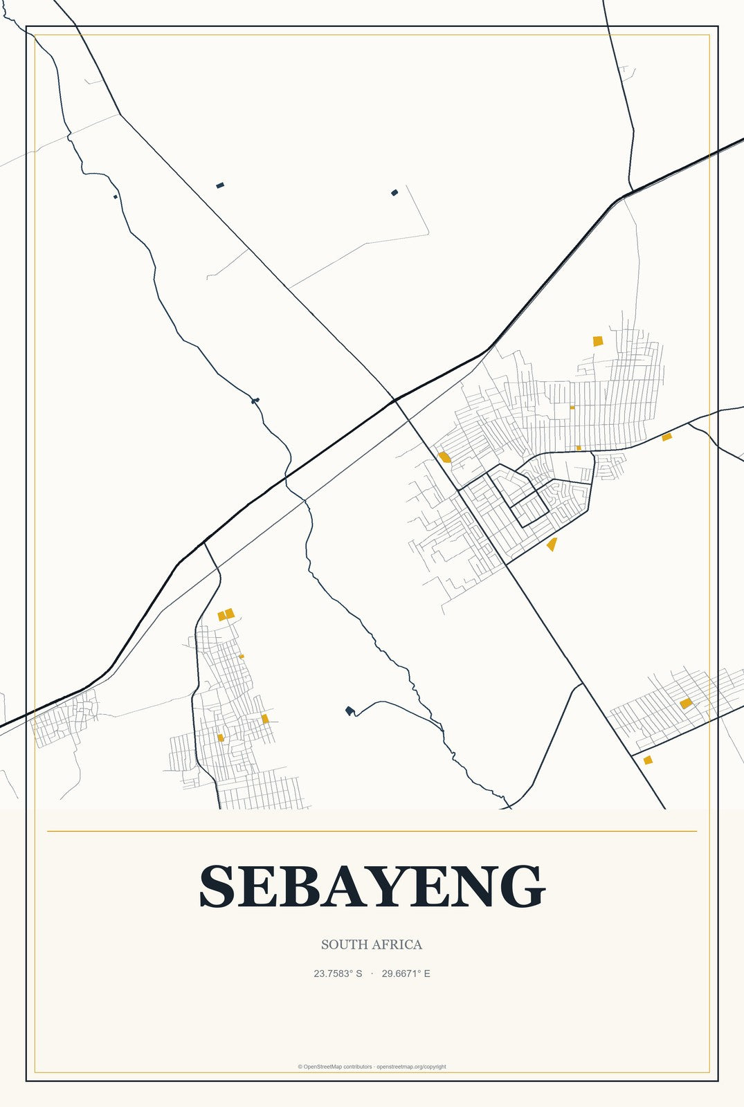 Sebayeng, South Africa City Map Aluminum Sign in Citrine Modern style