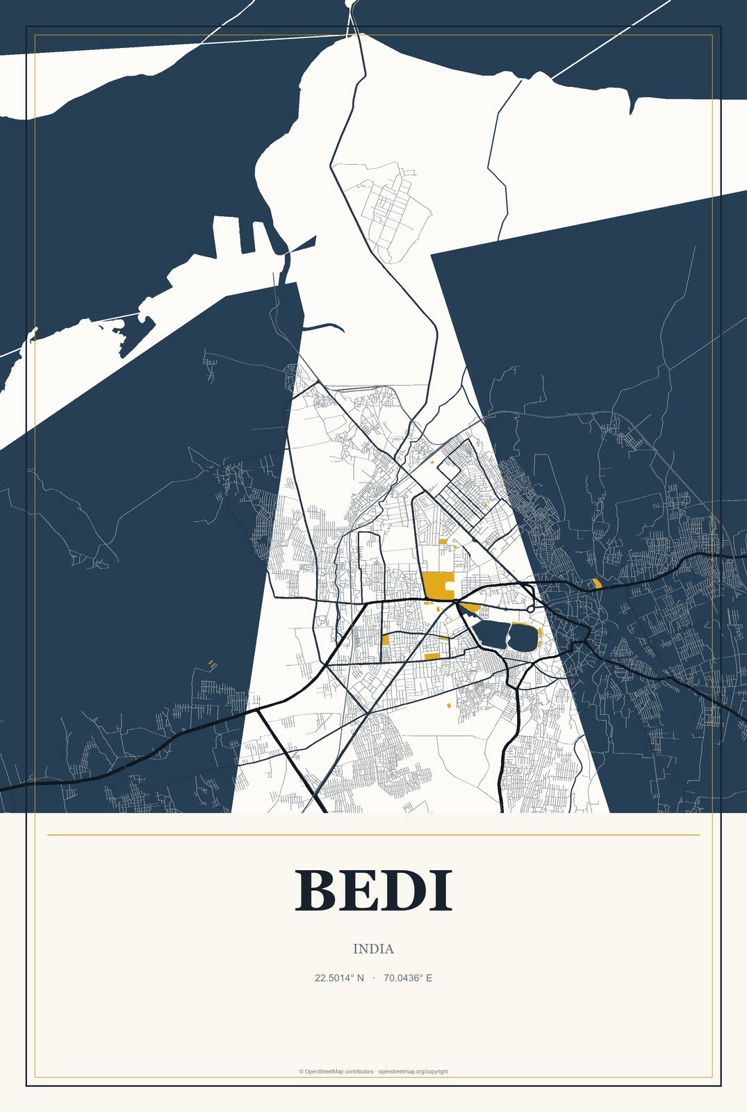 Bedi, India City Map Aluminum Sign in Citrine Modern style