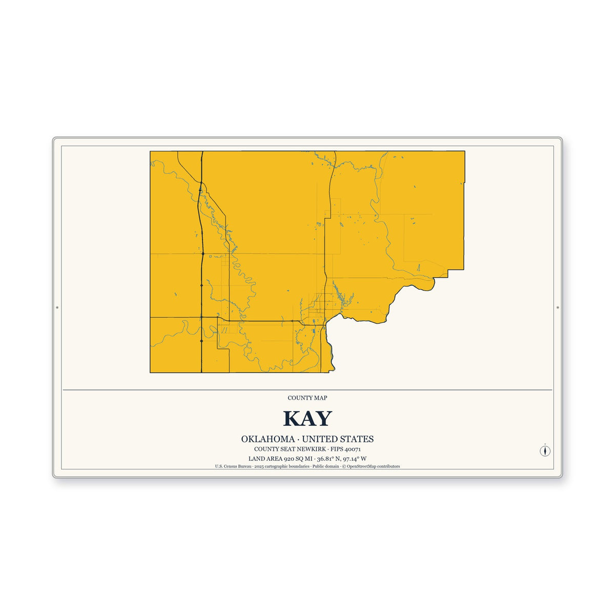Kay County, Oklahoma Map Aluminum Sign in Citrine Modern style