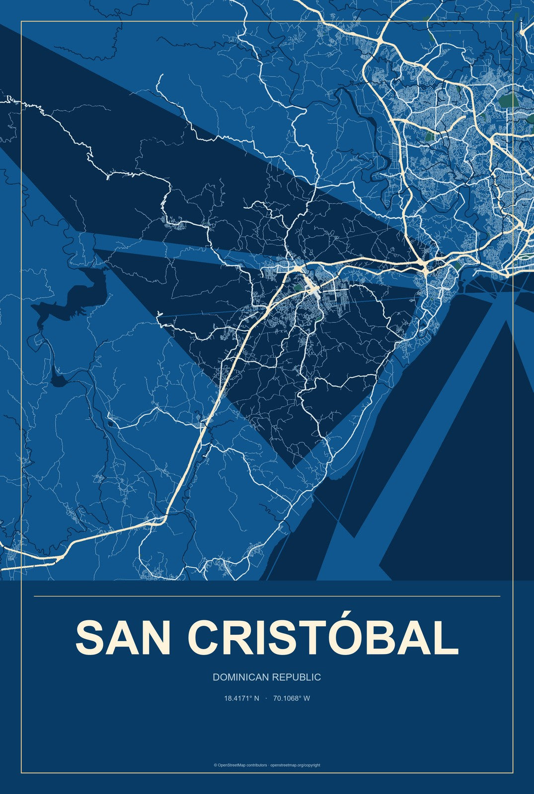 San Cristóbal, Dominican Republic City Map Aluminum Sign in Harbor Cobalt style