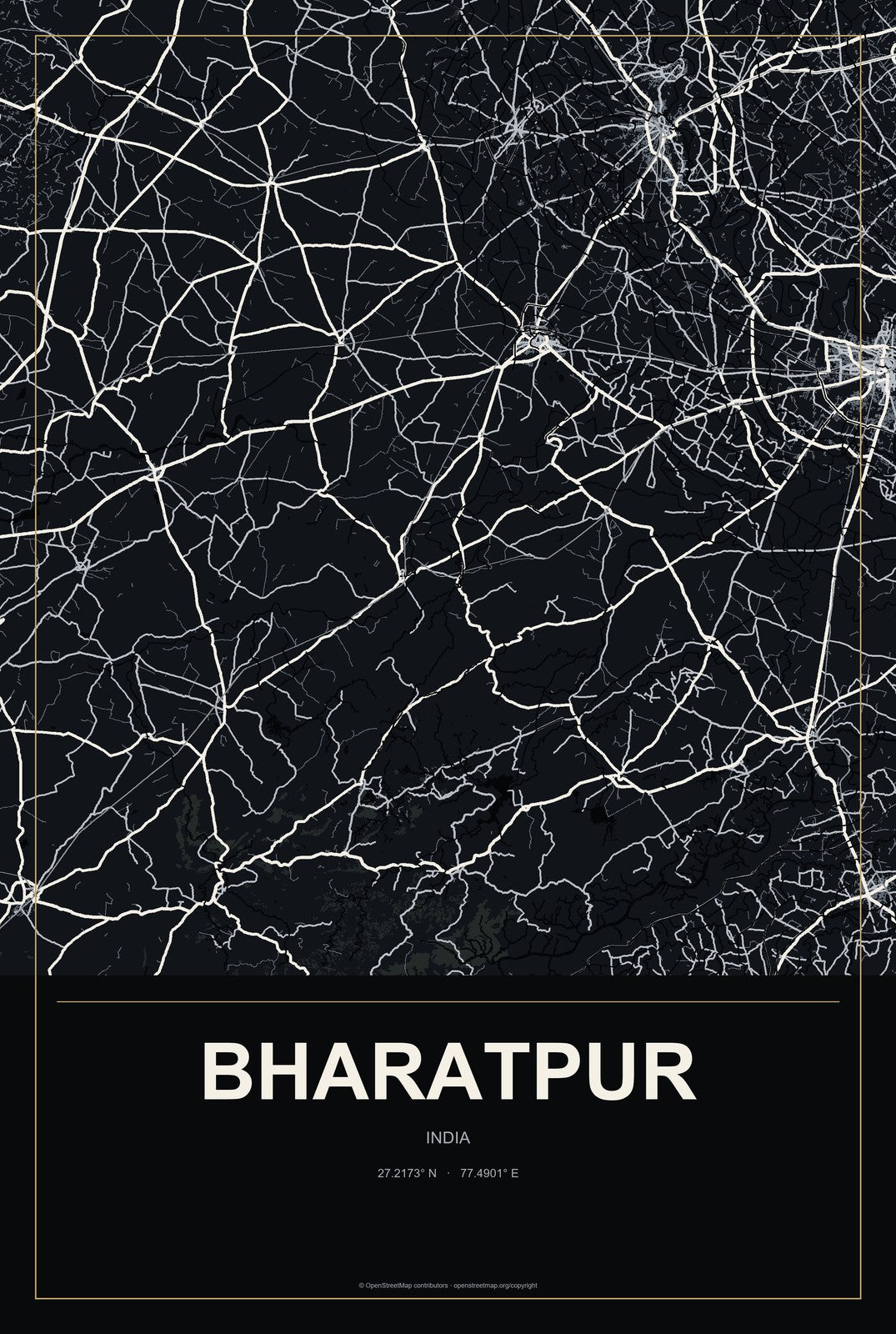 Bharatpur, India City Map Aluminum Sign in Metropolitan Noir style