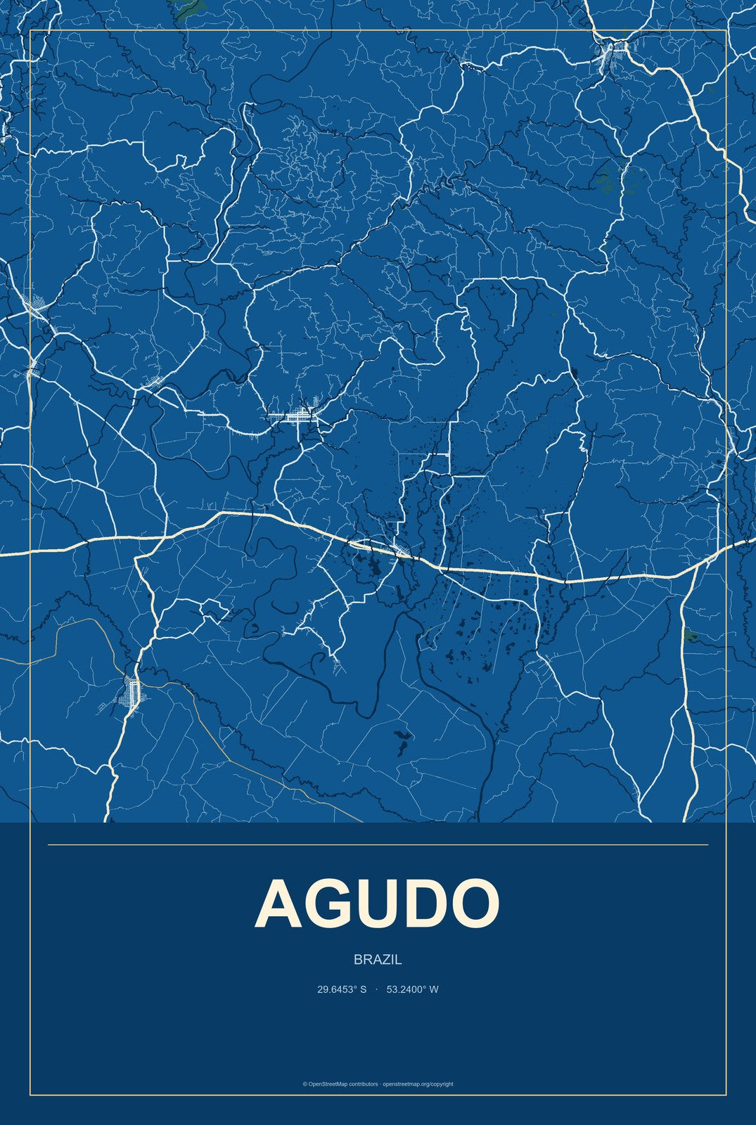Agudo, Brazil City Map Aluminum Sign in Harbor Cobalt style