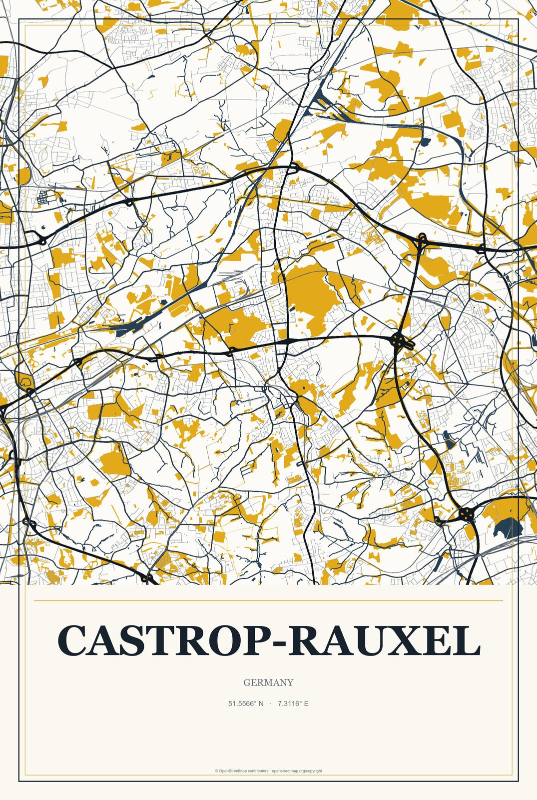 Castrop-Rauxel, Germany City Map Aluminum Sign in Citrine Modern style